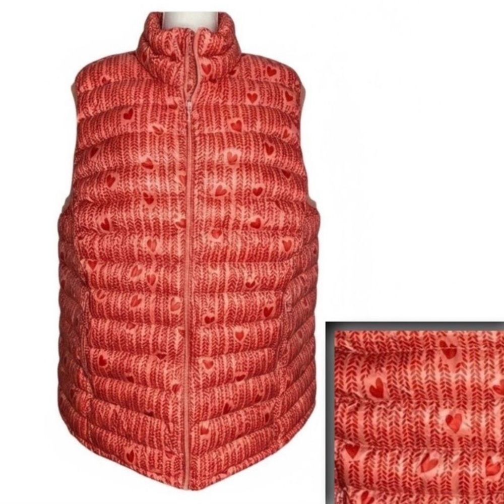 Woman Within Wms Sz 3X 30/32 Coral Red Heart Print Full Zip Packable Puffer Vest